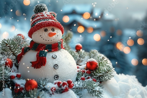 A charming snowman is beautifully decorated for Christmas in a magical winter wonderland