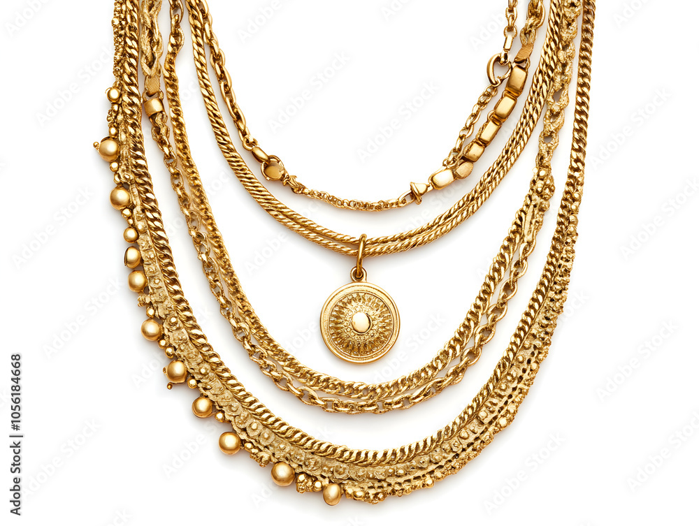 Layered gold necklace with a round pendant featuring an intricate design. Layered gold necklace with a round pendant featuring an intricate design.