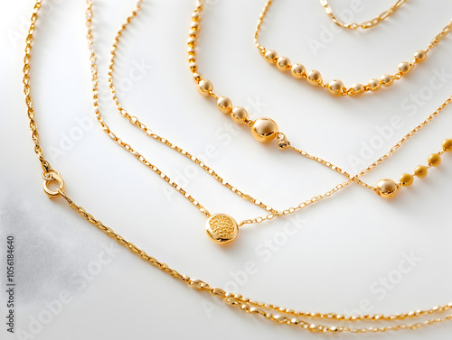 A close-up of a set of gold necklaces with various chain styles and pendants.