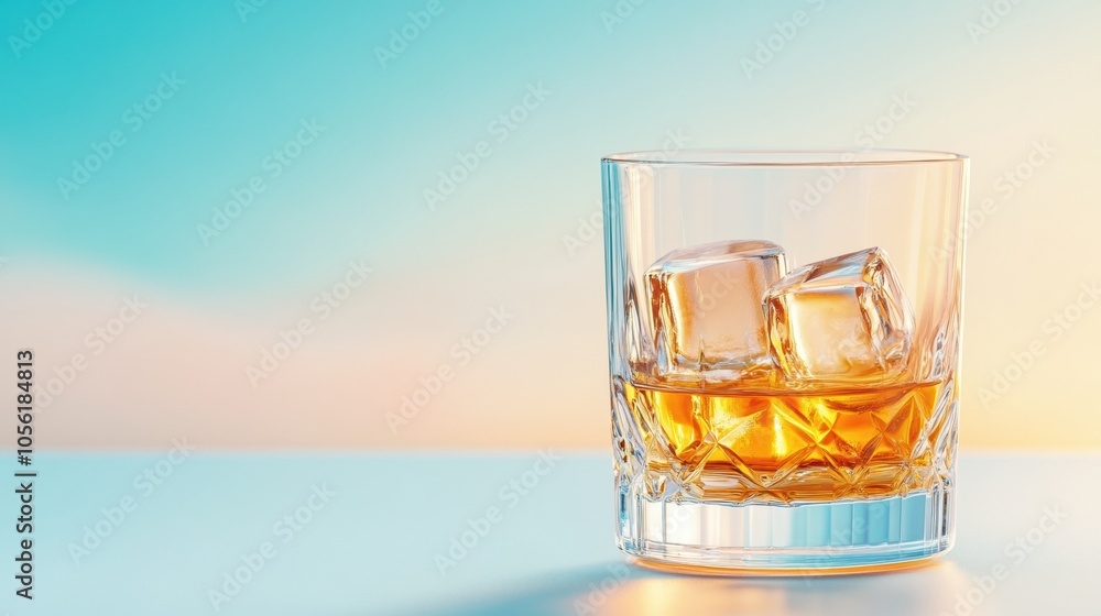 Whiskey glass with ice cubes against a serene sunset backdrop, AI Whiskey glass with ice cubes against a serene sunset backdrop, AI