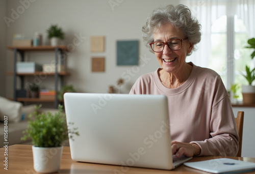 senior woman pays bills online home laptop assistance