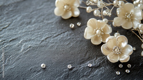 Pearls with floral design surrounding them, isolated on a gray slate, with tiny diamonds and soft lighting