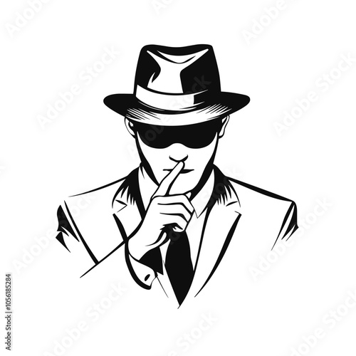 vector silhouette of a man in a hat shows a finger sign to be silent on a white background .Generative AI
