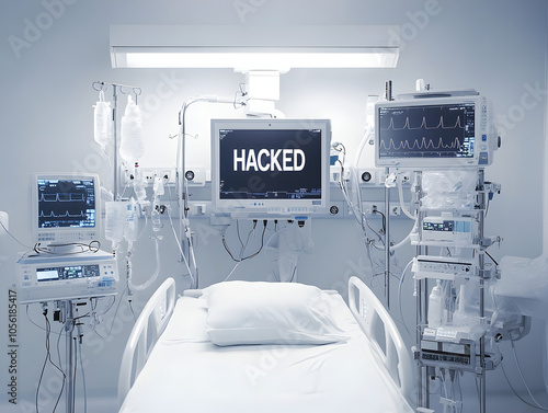 A hospital room with a bed and medical equipment. The word HACKED is displayed on a monitor.