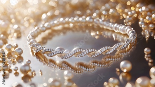 Two intertwined pearl necklaces, isolated on a mirror-like background, with scattered diamonds and gold dust