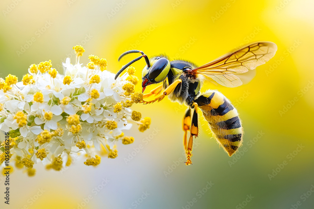 A bee gathers pollen from delicate white blossoms, surrounded by a vibrant yellow backdrop on a warm day A bee gathers pollen from delicate white blossoms, surrounded by a vibrant yellow backdrop on a warm day