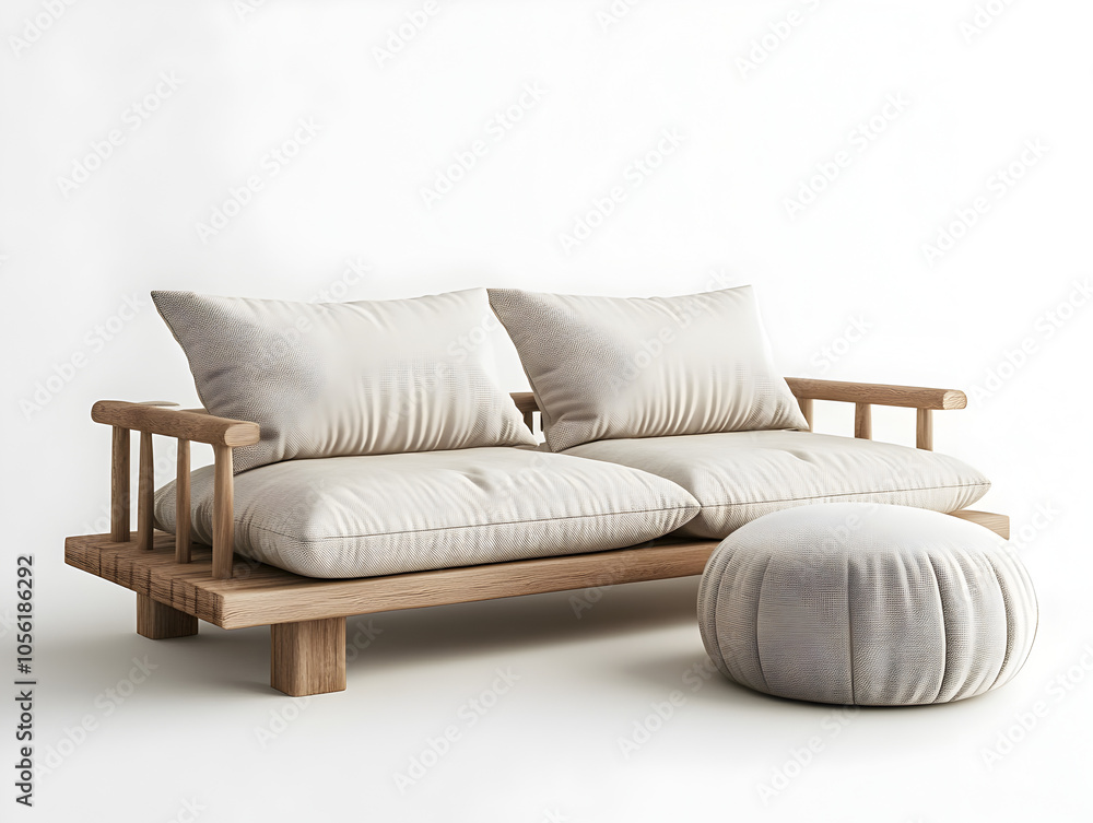 Fototapeta premium A modern minimalist wooden sofa with soft, off-white cushions and a matching ottoman.