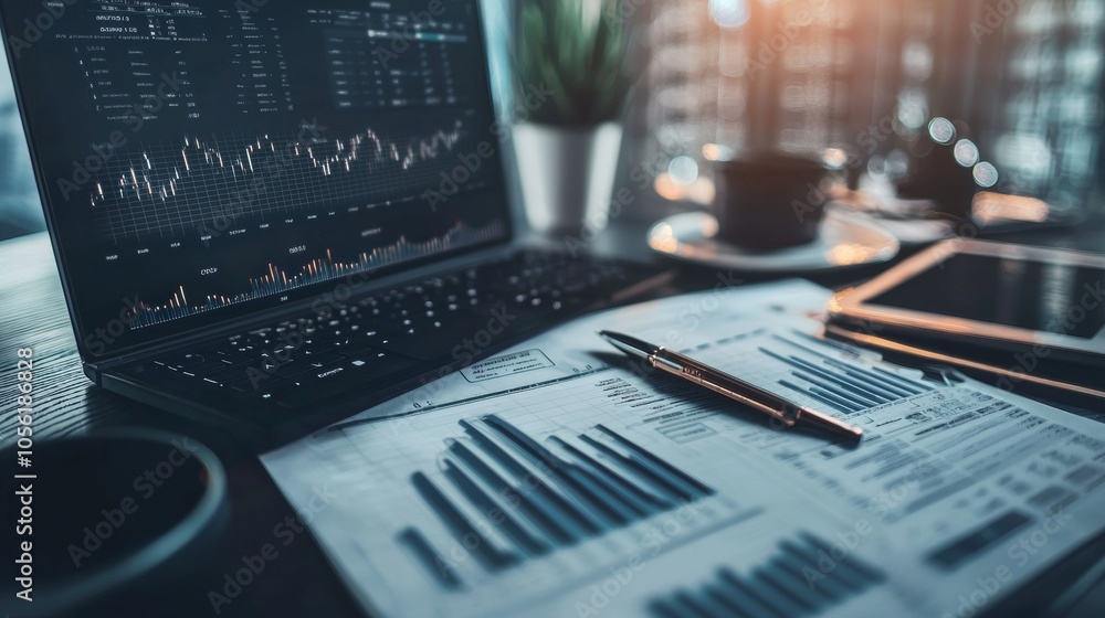 Financial charts and data on a laptop in a modern office Financial charts and data on a laptop in a modern office
