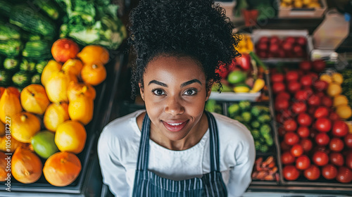 Fototapeta Naklejka Na Ścianę i Meble -  A friendly vendor stands among abundant fruits and vegetables, welcoming customers at a bustling marketplace in the afternoon