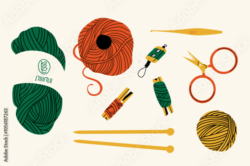 A set of knitting.Balls of yarn, needles, hook. Thread for knitting and craft.