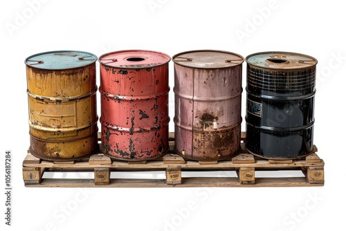 Four oil drums on white background isolated with clipping path in pallet wood