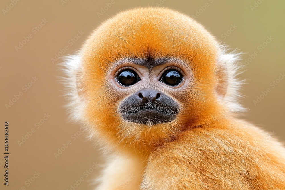 Adorable fluffy monkey gazing gently with a neutral blurred background in soft daylight Adorable fluffy monkey gazing gently with a neutral blurred background in soft daylight