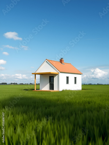 Small house in the middle of a field, real estate concept