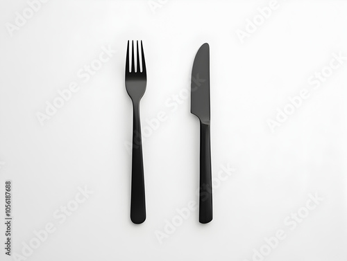 A black fork and knife on a white background.