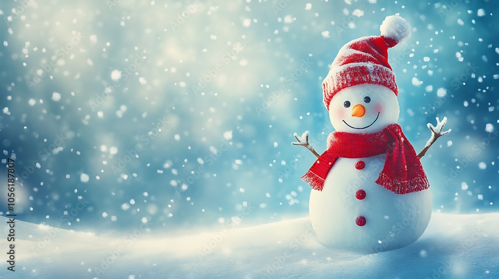A snowman in a red hat and scarf in a snowy scene with snowflakes. A snowman in a red hat and scarf in a snowy scene with snowflakes.
