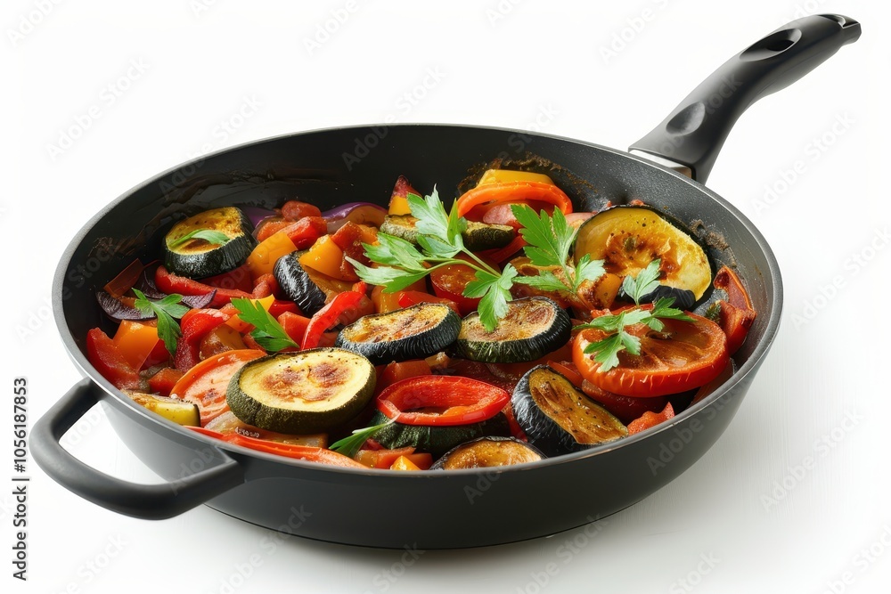 Isolated white background with delicious ratatouille in frying pan Isolated white background with delicious ratatouille in frying pan