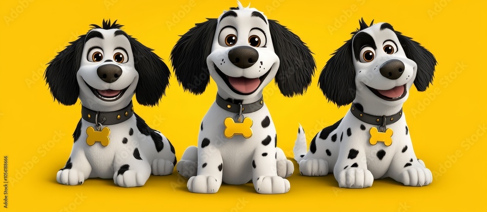 Obraz premium Three Cute Dalmatian Puppies Sitting on Yellow Background