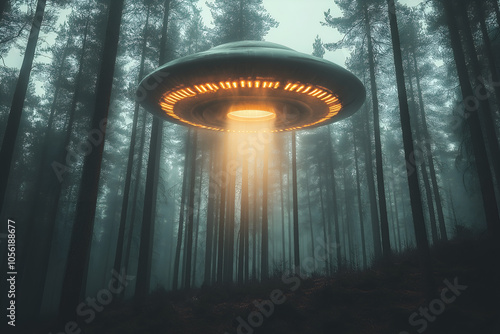 Alien spacecraft landing in a foggy forest, with lights piercing through the trees and an otherworldly glow in the sky, UFO