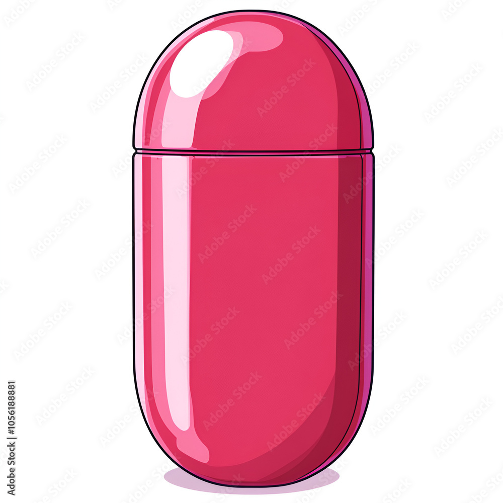 A vibrant pink capsule-shaped container resting on a plain background, showcasing its smooth surface and rounded top design A vibrant pink capsule-shaped container resting on a plain background, showcasing its smooth surface and rounded top design
