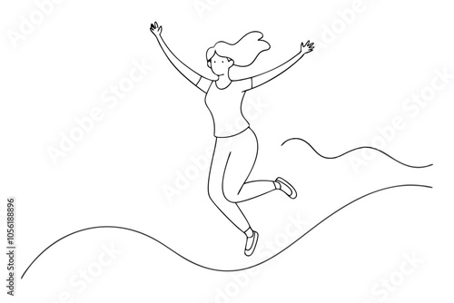 Dynamic Line Drawing of a Joyful Woman in Mid-Jump