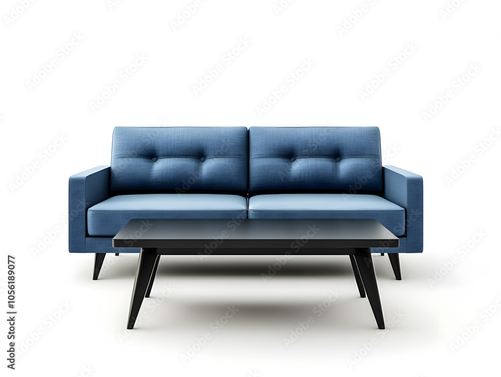 A blue sofa with a black coffee table in front of it, isolated on a white background. A blue sofa with a black coffee table in front of it, isolated on a white background.
