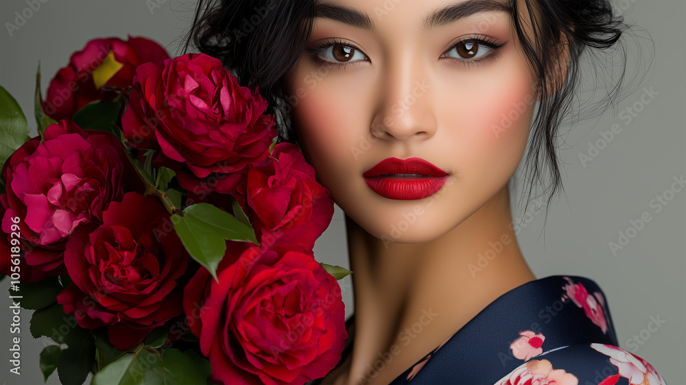 薔薇と着物姿の女性 薔薇と着物姿の女性