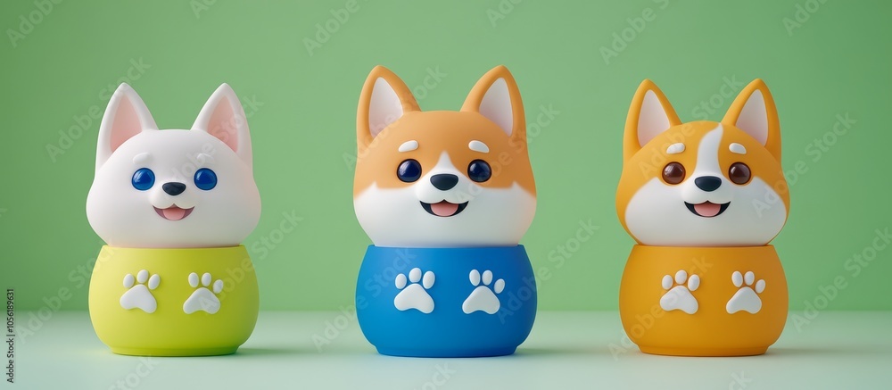 Fototapeta premium Cute Cartoon Dog Characters in Colorful Pots Pet Illustration 3D Design