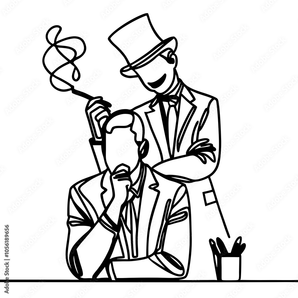 Self-criticism concept illustrated by two men, one real and the other an imagined critic, minimalistic line art Self-criticism concept illustrated by two men, one real and the other an imagined critic, minimalistic line art