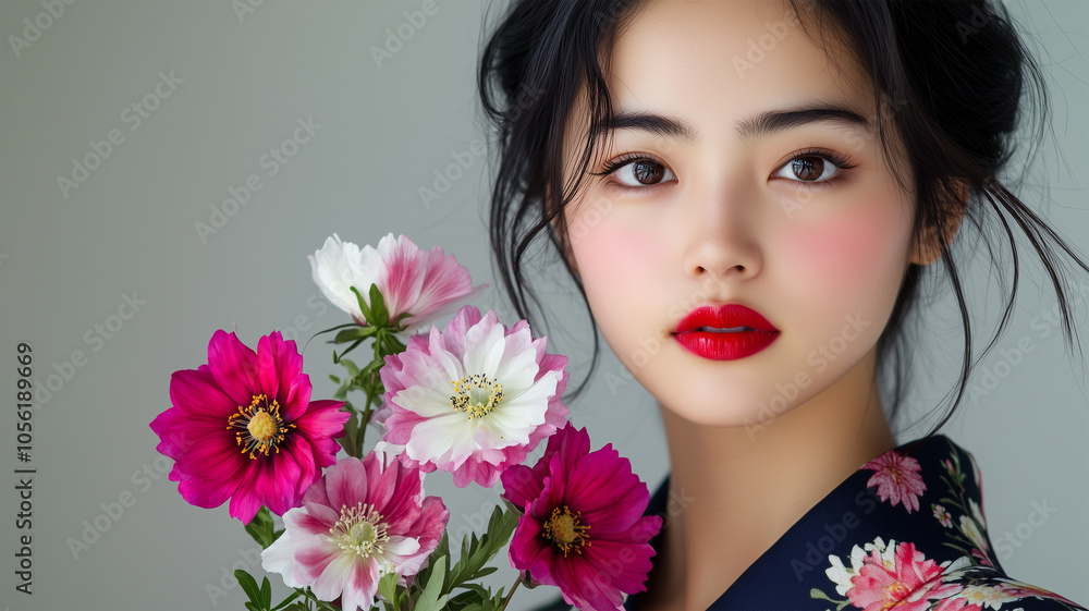 Fototapeta premium コスモスと着物姿の女性