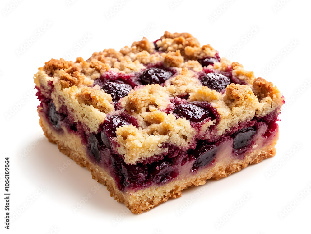 A close-up of a delicious cherry crumble bar with a flaky, buttery crumble topping. A close-up of a delicious cherry crumble bar with a flaky, buttery crumble topping.