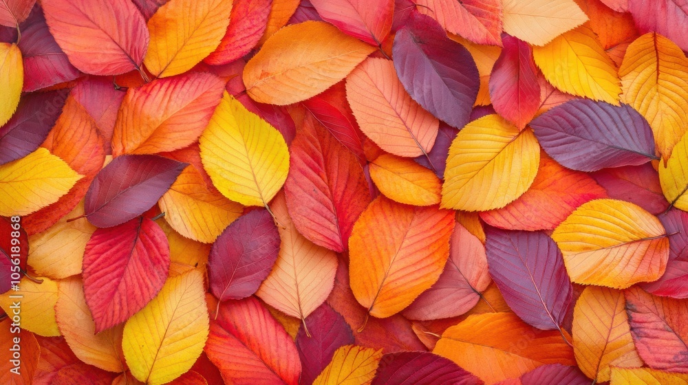 Fototapeta premium Top view of a forest floor covered with fallen autumn leaves in vibrant shades of red, orange and yellow