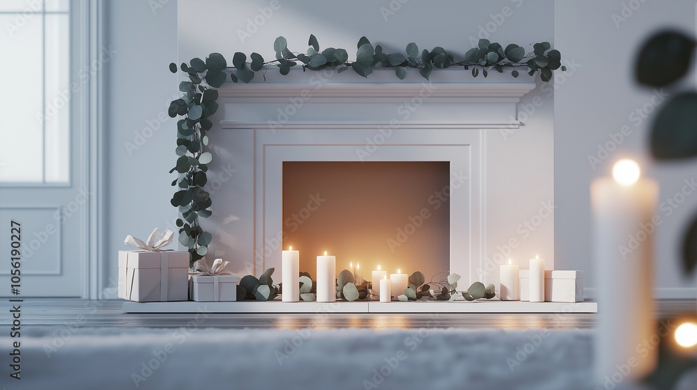 A minimalist white fireplace adorned with a eucalyptus garland and soft white candles on the mantel. A gentle fire casts subtle shadows, while wrapped presents and a neutral rug enhance the serene A minimalist white fireplace adorned with a eucalyptus garland and soft white candles on the mantel. A gentle fire casts subtle shadows, while wrapped presents and a neutral rug enhance the serene