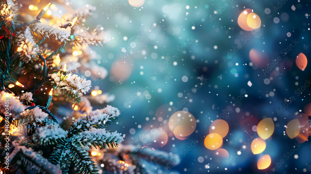 Christmas winter blurred background. Xmas tree with snow decorated with garland lights, holiday festive background. Widescreen backdrop. New Year Winter art design, wide screen holiday border. Christmas winter blurred background. Xmas tree with snow decorated with garland lights, holiday festive background. Widescreen backdrop. New Year Winter art design, wide screen holiday border.