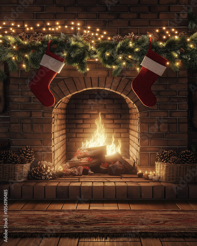 Rustic brick fireplace with a roaring fire, adorned with red and white stockings on the mantel. A green garland with pinecones and warm string lights creates a cozy holiday glow photo