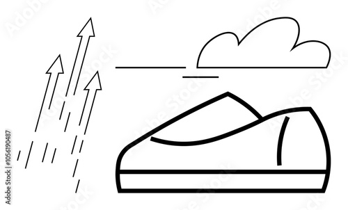 Sneaker with upward arrows and a cloud symbolizing speed, progress, and aspiration. Ideal for sports, fitness, movement, sportswear, endurance, running, and motivation themes. Line metaphor