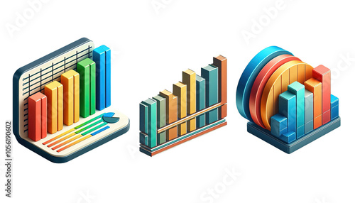 Isometric 3D Data Charts And Graphs.