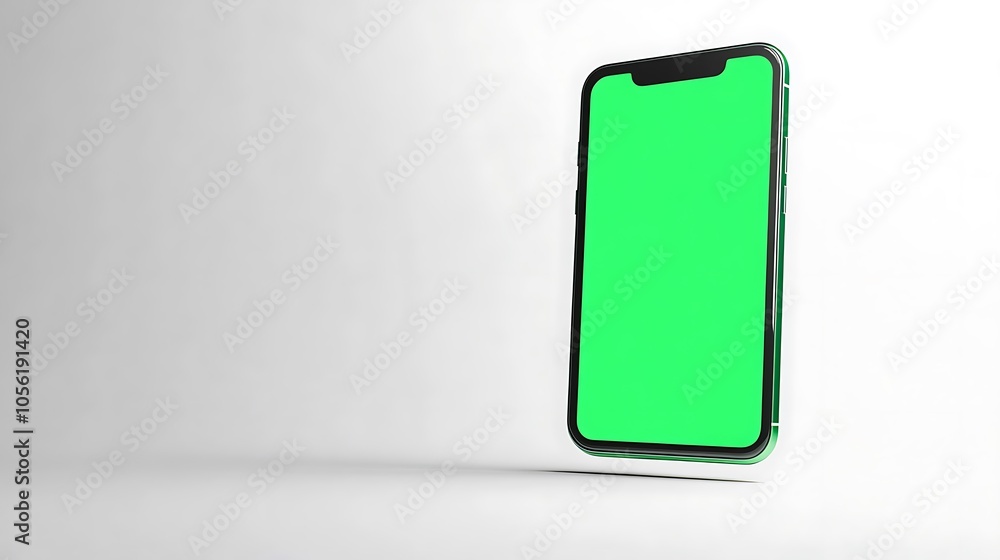 A smartphone with a green screen, standing upright on a white background. A smartphone with a green screen, standing upright on a white background.