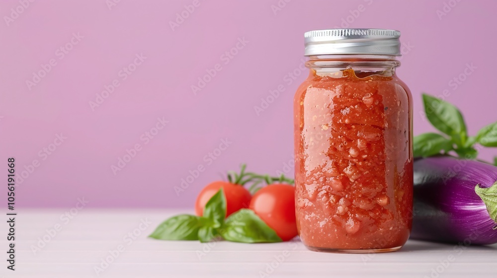 Glass jar of tomato eggplant chutney with silver lid, fresh tomatoes, eggplants, basil leaves, pastel pink background, natural and wholesome composition, minimalistic gourmet food concept
Glass jar of tomato eggplant chutney with silver lid, fresh tomatoes, eggplants, basil leaves, pastel pink background, natural and wholesome composition, minimalistic gourmet food concept