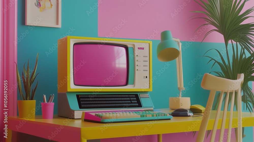 Fototapeta premium Colorful workspace with a retro computer setup, merging nostalgia and modern creativity