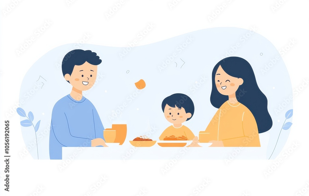 Happy family enjoying a meal together in cozy illustration Happy family enjoying a meal together in cozy illustration