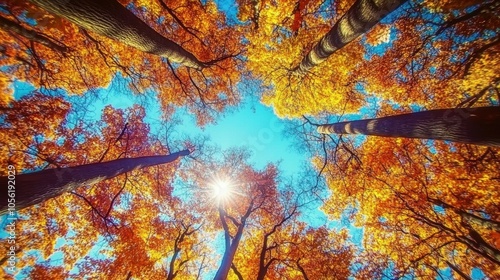 Looking up at autumn treetops glowing in sunlight, blue sky peeking through colorful leaves,  photo