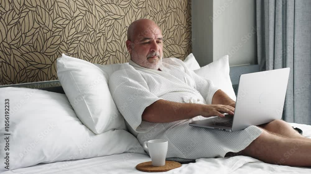 A middle-aged man works remotely on his laptop, focused and productive. This scene captures the essence of freelance life, blending professionalism with the comforts of home. A middle-aged man works remotely on his laptop, focused and productive. This scene captures the essence of freelance life, blending professionalism with the comforts of home.