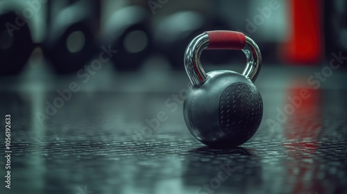 Kettlebell resting on the gym floor in a vibrant fitness center during training hours photo