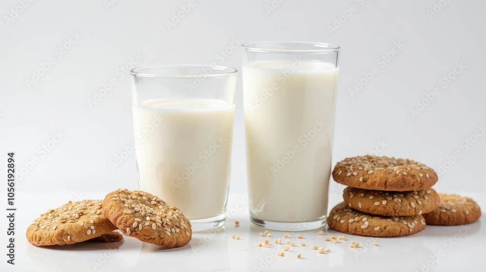 Two glasses of milk with sesame seed cookies, creating a simple and inviting snack scene. Two glasses of milk with sesame seed cookies, creating a simple and inviting snack scene.
