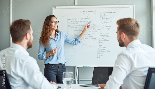 Confident Female Business Professional Presenting Strategy Mindmap on Whiteboard to Male Colleagues in Modern Office Meeting Room