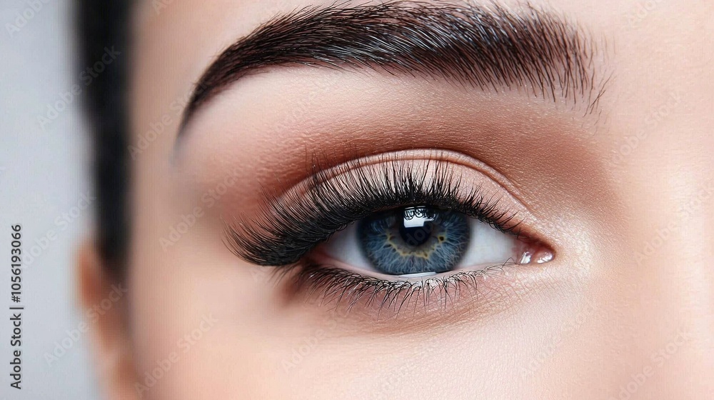 A photo of a female's close-up blue eye with false eyelashes adorning it A photo of a female's close-up blue eye with false eyelashes adorning it
