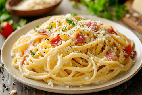 Italian pasta carbonara with creamy sauce, pancetta, and grated Parmesan, served with cracked black pepper on a white plate, Food photography