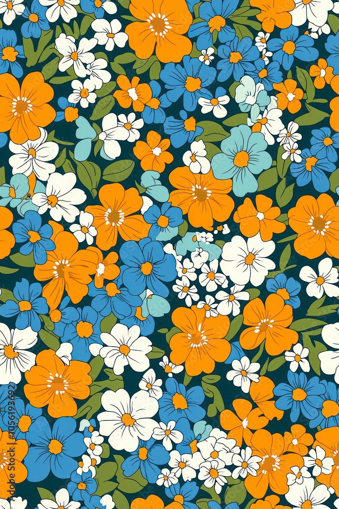 Vertical Seamless pattern in ditsy style. Seamless floral pattern in green, blue and orange colors. Vertical Seamless pattern in ditsy style. Seamless floral pattern in green, blue and orange colors.