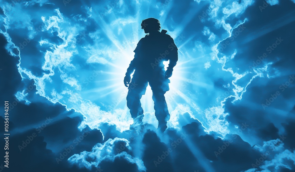 American soldier silhouette with flag against dramatic sunset sky American soldier silhouette with flag against dramatic sunset sky