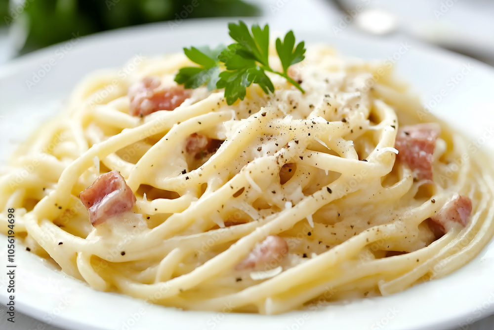 Italian pasta carbonara with creamy sauce, pancetta, and grated Parmesan, served with cracked black pepper on a white plate, Food photography Italian pasta carbonara with creamy sauce, pancetta, and grated Parmesan, served with cracked black pepper on a white plate, Food photography